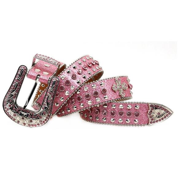 Western Pink Rhinestone Studded Leather Belt Bling Cowgirl Y2K - Picture 2 of 6